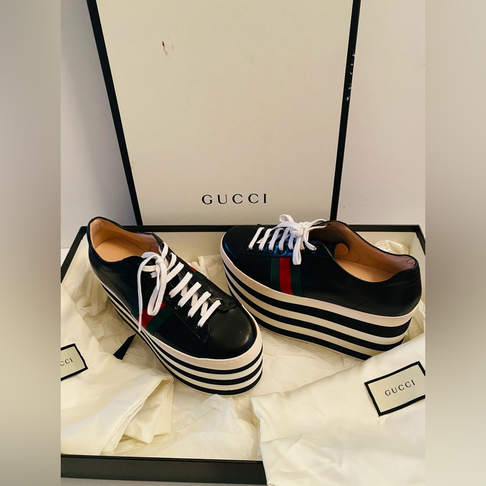 Gucci Black and White Striped Platform Shoes